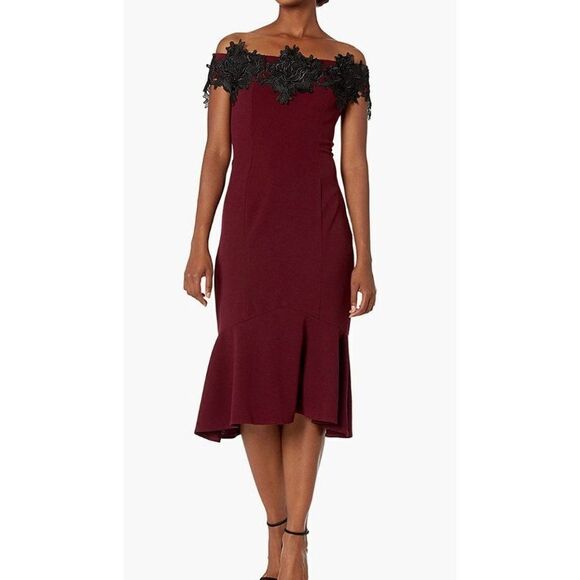 MARINA Dresses & Skirts - Marina Women's Off The Shoulder Applique Dress, Burgundy, 4